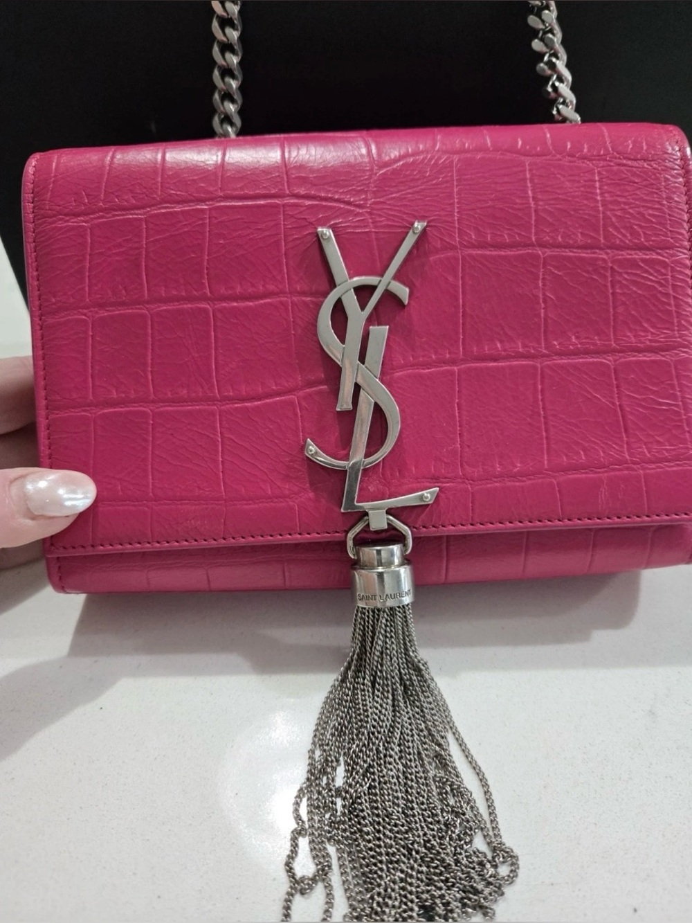 🔥Saint Laurent Fuchsia Croc-Embossed Kate Tassle Bag Small🔥 - Picture 11 of 17